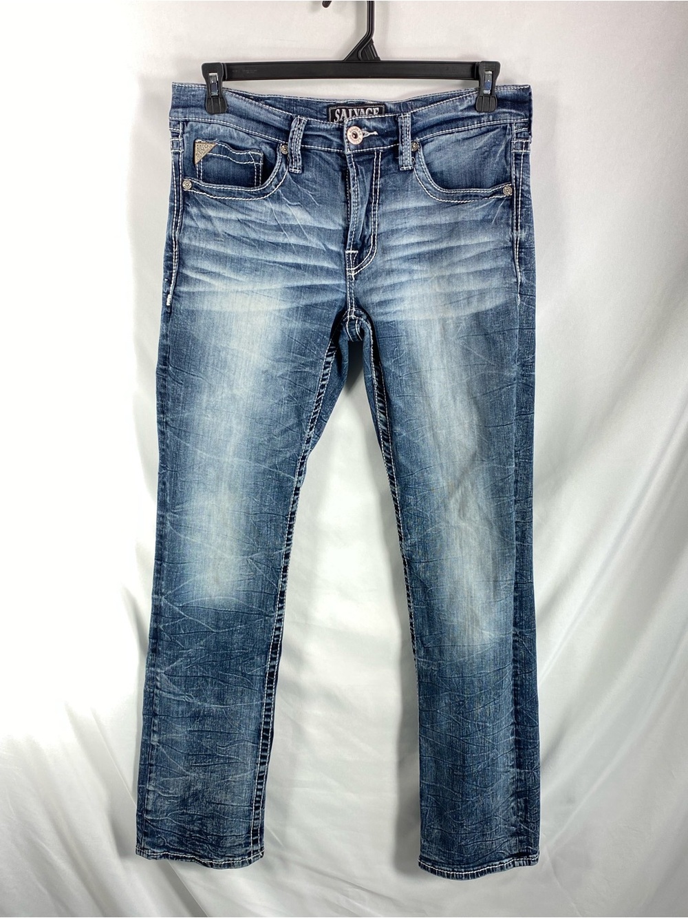 Salvage Supply Co SLVG 32L Mayhem Straight Jeans Distressed Denim